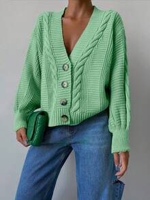 EURMUSE Cable Knit Drop Shoulder Cardigan - Mint Green - View 4