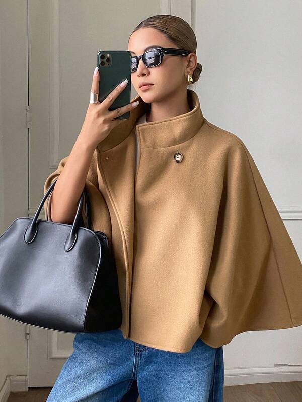 DAZY Women's Solid Color Stand Collar Single Button Cape Overcoat