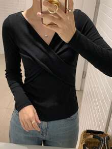 DAZY 女款大圓領修身短袖優雅T恤 灰色 春夏款 - 黑色 - 查看 4