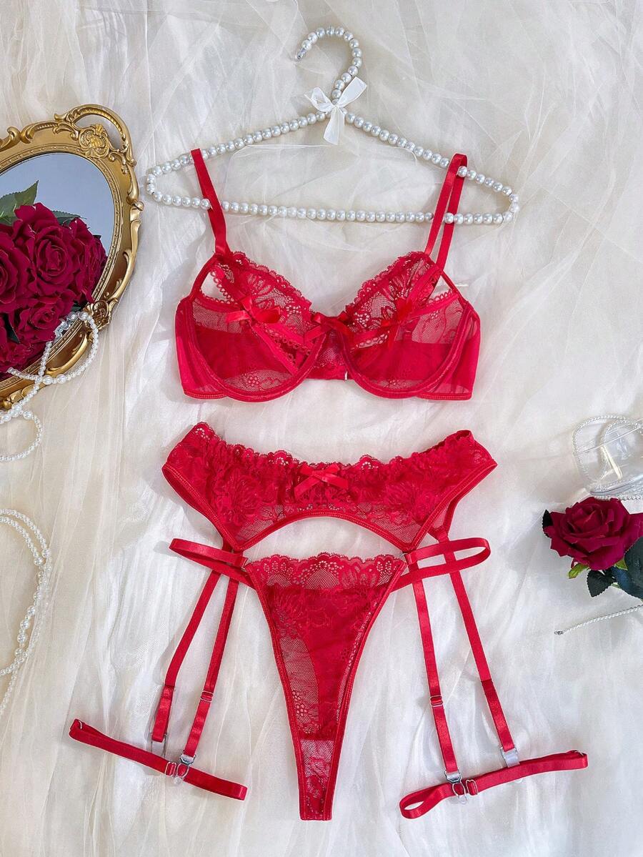 Seduluxe Women's Sexy Lace Lingerie Set 4pcs - Red - View 1