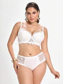 Slumbrini Solid Color Lace Comfortable Daily Underwire Molded Cup Support Fabric Patchwork Plus Size Lingerie Set Summer White Lingerie - White - View 5
