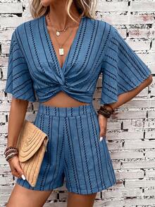 SHEIN Clasi Women's Summer Striped Print Vacation Short Sleeve Shorts Set - Blue - View 5