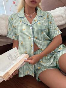 CottageSlumber Women's New Lemon Plaid Print Button-Front Short Sleeve Shorts Pajama Set - Green - View 7
