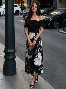 Modelyn Women's Knitted Printed Ribbed Texture Off-Shoulder Commuter Elegant Charming Waist-Cinching Midi Dress - Black - View 8