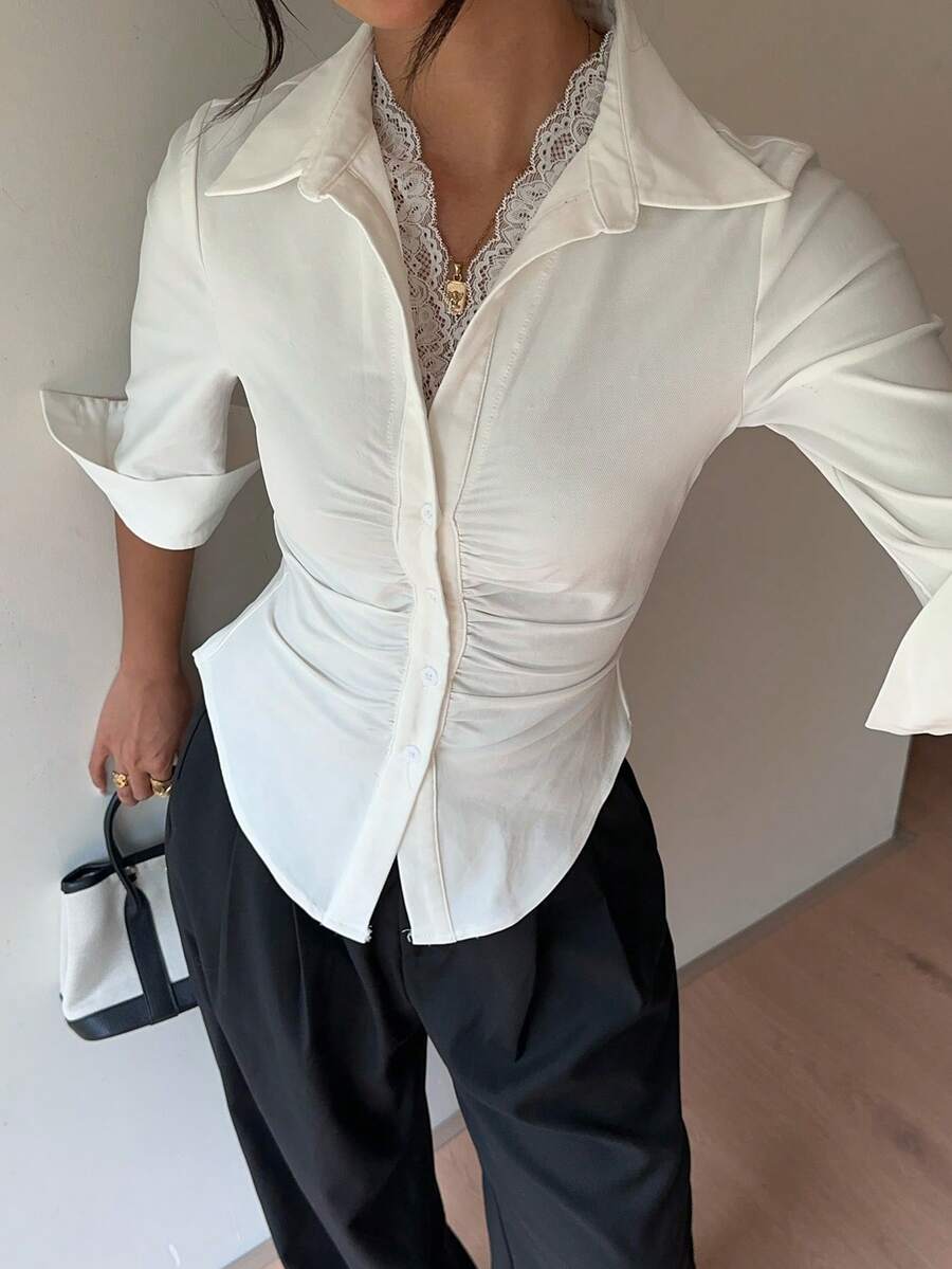 Siren Gaze White V-Neck Blouse For Women, Ruched Waist Long Sleeve Shirt, Solid Color Pleated Button Up Collared Blouse Winter Casual Fall With Lace Trim Work - White - View 1