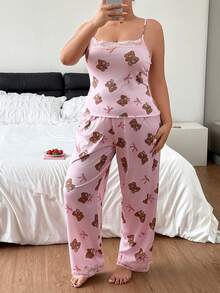Napfluff CURVE Napfluff CURVE Light Pink Bear Print Camisole Pants Pajama Set, Lace Trim Spaghetti Strap Long Pants Sweet Girl Home Wear 2 Pieces Set Night Summer - Pink - View 3