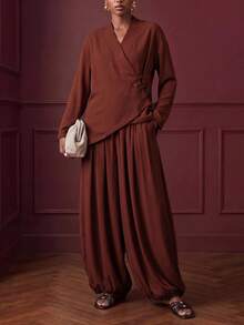 Zivah Elegant Chinese Style Long Sleeve Top With Frog Button Design + Lantern Pants 2 Pieces Set - Brown - View 7