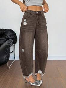 SHEIN PETITE 女款深棕色破洞錐形休閒街頭風原色下擺牛仔褲，附口袋，適合夏季日常穿著 - 棕色 - 查看 3