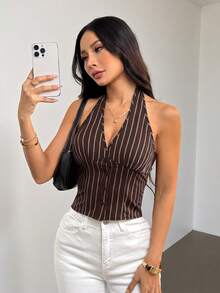 SHEIN PETITE 女款棉質條紋立領單排扣馬甲薄款西裝外套 秋冬款 - 棕色 - 查看 1