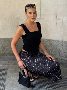 hollyjadebate 女款時尚休閒黑色緞面波點長裙 黑白波點裙 度假夏季款 - 黑色 - 查看 5