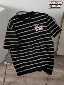 LOONEY TUNES X SHEIN Manfinity Joysei 男士可愛卡通印花條紋拼色短袖T恤 - 黑色 - 查看 1