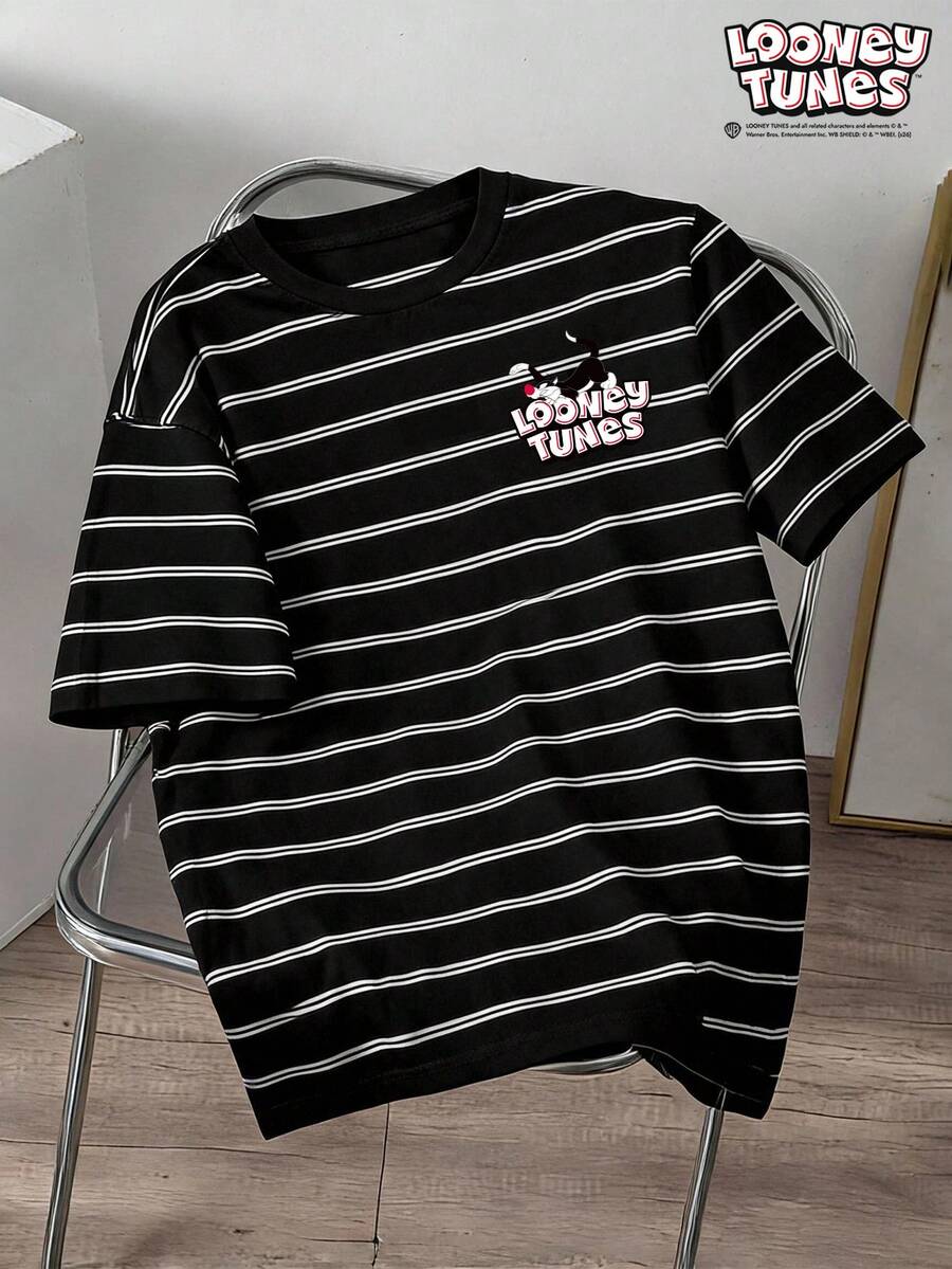 LOONEY TUNES X SHEIN Manfinity Joysei 男士可愛卡通印花條紋拼色短袖T恤 - 黑色 - 查看 1