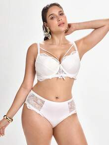 Slumbrini Solid Color Lace Comfortable Daily Underwire Molded Cup Support Fabric Patchwork Plus Size Lingerie Set Summer White Lingerie - White - View 4