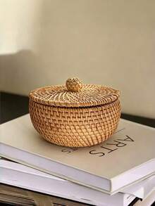 1PC Small Woven Natural Japanese Style Drum Shape Storage Box With Lid Durable Lightweight Stackable Dustproof Versatile For Bedside Table Living Room Tea Table Home Office Organizer Decor - View 4