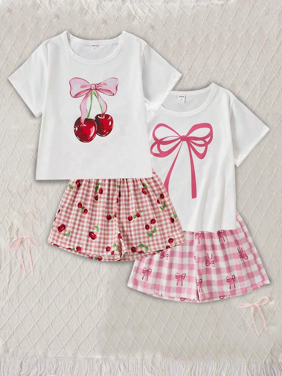 Randomly Ships 2 Of 5 Sets Girls Cute Capybara Heart Print Short Sleeve Shorts Pajama Set Back-To-School Prom Holiday Purple Floral White And Pink - Multicolor - View 1