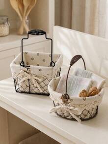 Haus Hana 1PC Rustic Farmhouse Wire Storage Basket With Handle Metal Iron Frame With Floral Linen Liner Lace Bow Decor Removable Lining Multi-Purpose Organizer Bin For Sundries Snacks Cosmetics Ideal For Home Kitchen Bathroom Picnic Perfect Gift - Multicolor - View 1