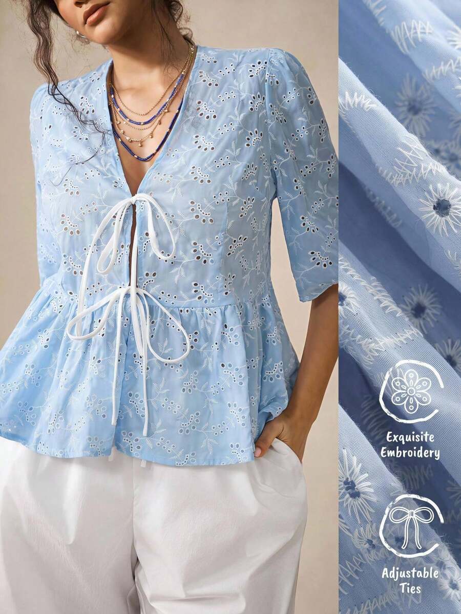 Nubod 大尺碼女款燒花刺繡百褶休閒百搭日常穿著襯衫 秋季 - 淺藍色 - 查看 1