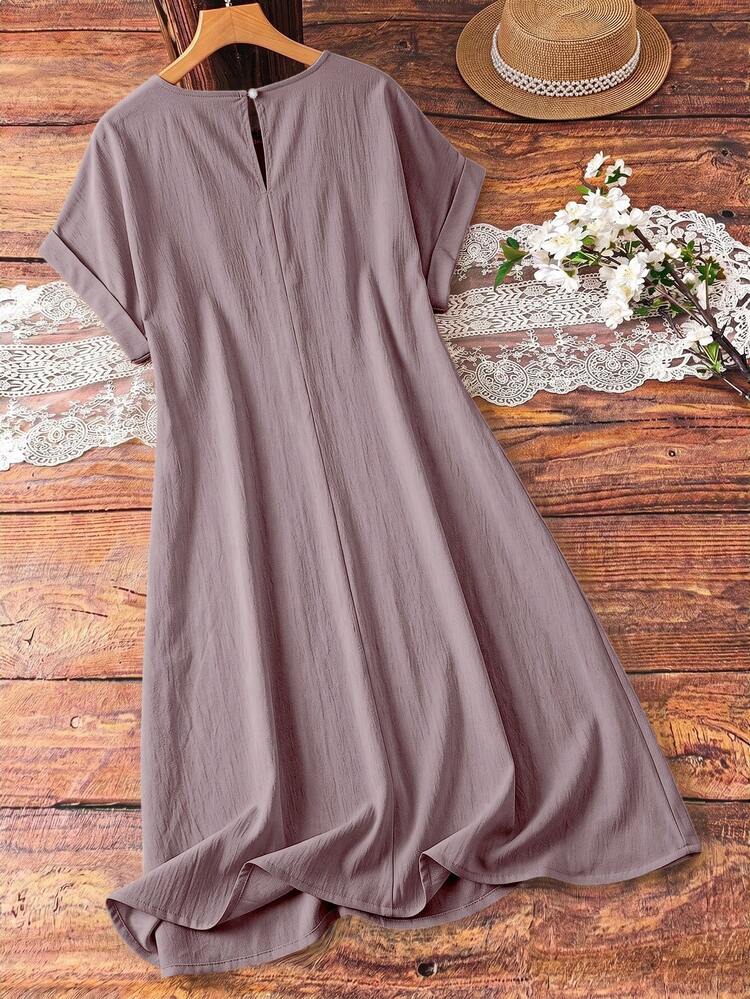 EMERY ROSE Plus Size Women Solid Color Lace Hollow Out Sleeveless Dress - Pink - View 2