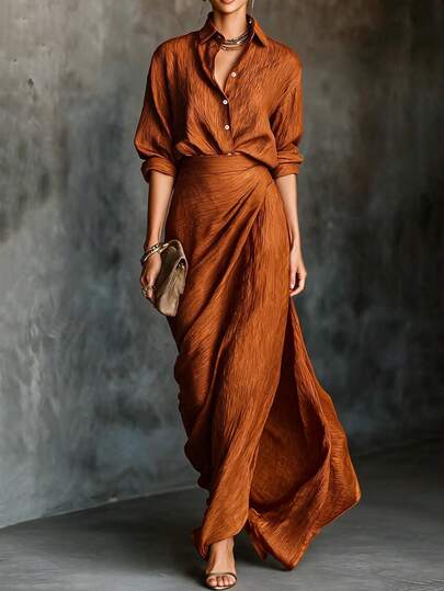 SHEIN Women's Casual Brown Outfit, Casual Vacation Brown Jacket Shirt And Skirt, Summer, Autumn And Winter For Women, Women's Outfit, Women's Vacation Outfit, Women's Casual Vacation Outfit, Suitable For Outings And Dates, Casual Outfit, Women's Party Outfit,