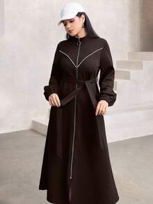 Graceveil Women's Autumn And Winter Outfit Simple Daily Solid Color Stand Collar Front Zipper Lantern Sleeves With Belt Long Abaya Robe Dress - Coffee Brown - View 5