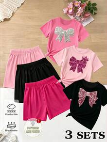 (3 Sets) Girls' Glitter Colorful Bow & Crown Pattern Basic Short T-Shirt + Shorts 6-Piece Set, Summer Daily Outfit - Multicolor - View 1