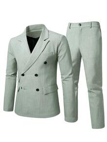 Manfinity Mode Men's Casual Versatile Double-Breasted Suit Jacket And Pants Set - Green - View 3