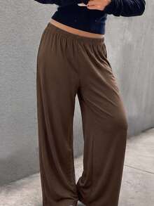 SHEIN BASICS Plus Size Casual Baggy Traditional Elegant Versatile Solid Color Loose Pants Lounge Formal Office Home Wear Vacation Brown Autumn - Brown - View 6