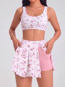 Easithlete Easithlete Elastic Comfortable High-Waist Design Sports Skirt, Detachable A-Line Ditsy Floral Hem, With Phone Pocket - Multicolor - View 5