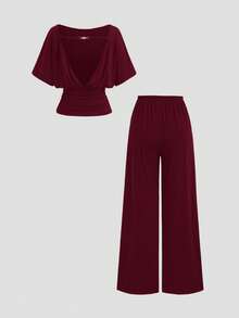 Sweetra New Backless Top And High-Waist Straight-Leg Pants 2 Pieces Set, Suitable For Commuting And Streetwear - Burgundy - View 2