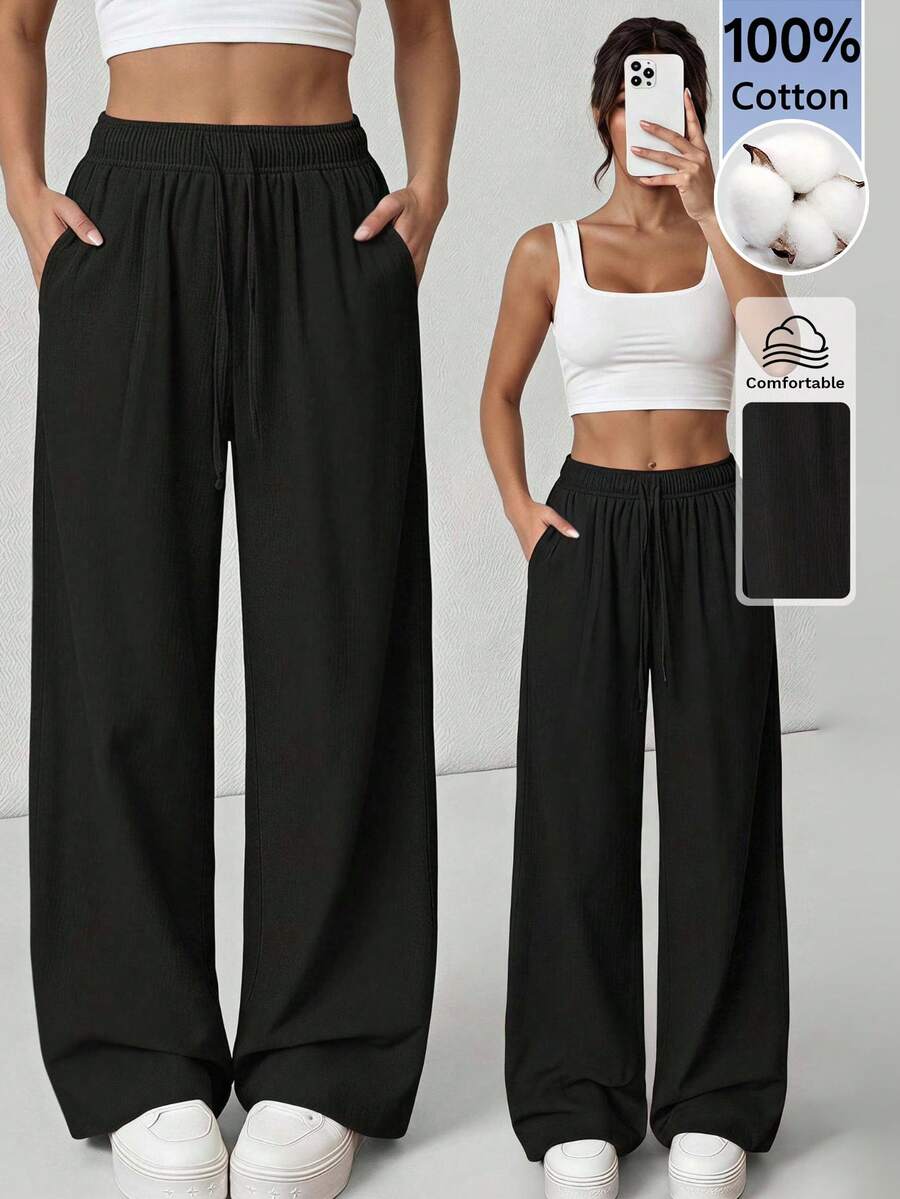 SHEIN Tall 女款極簡休閒抽繩腰口袋寬鬆長褲居家褲 黑色 秋季 - 黑色 - 查看 1
