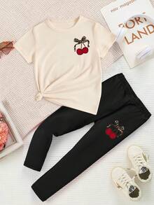 Elladie kids 女童時尚創意極簡豹紋蝴蝶結與櫻桃圖案基礎短版T恤與內搭褲套裝 - 彩色 - 查看 4