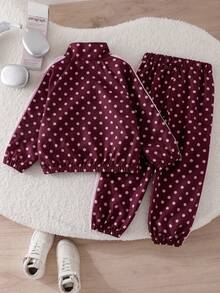 SHEIN Elladie kids 2件組女童春秋新款防風布料酒紅波點休閒時尚蝴蝶結緞帶裝飾立領前開拉鍊上衣與休閒長褲可愛甜美套裝 - 酒紅色 - 查看 2