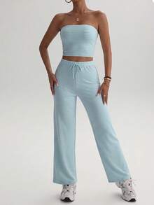 Dewbera Dewbera Women's Striped Bandeau Top & Pants Sports Set - Multicolor - View 5