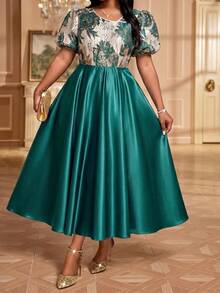 Fleurora Plus Size Elegant Celestial Party Dinner Christening Guest Evening Formal Jacquard Patchwork Dress Teal Summer Wedding - Dark Green - View 6