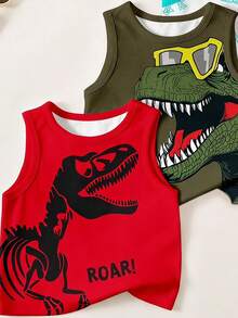 Young Boys Casual Simple Comfortable Tank Top 3pcs Set Suitable For Spring And Summer, Classic Handsome Jurassic Dinosaur Pattern Print, Dinosaur Fossil Pattern Print - Multicolor - View 5