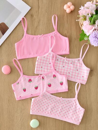 4 piezas/Set Primavera/Verano Lindo Dulce Simple Moda Estampado de Fresa y Limón Fruta Casual Diario Camiseta de Tirantes Ropa Interior para Niñas