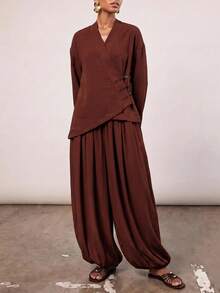 Zivah Elegant Chinese Style Long Sleeve Top With Frog Button Design + Lantern Pants 2 Pieces Set - Brown - View 6