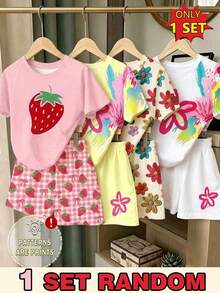 Elladie kids (Random Pattern, 1 Set Random) Girls' Fresh Fashion Colorful Graffiti Floral Strawberry Print Basic Short T-Shirt And Shorts Set - Multicolor - View 1