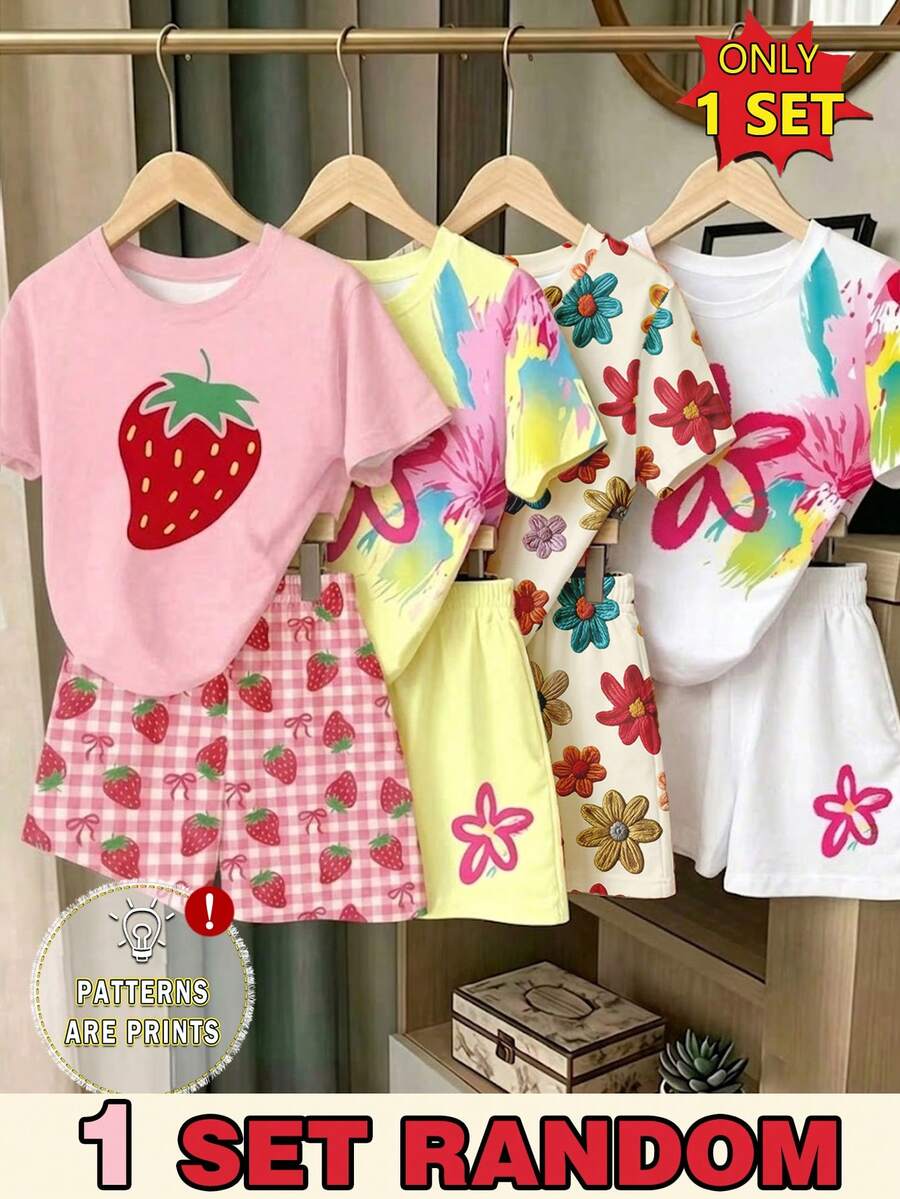 Elladie kids (Random Pattern, 1 Set Random) Girls' Fresh Fashion Colorful Graffiti Floral Strawberry Print Basic Short T-Shirt And Shorts Set - Multicolor - View 1
