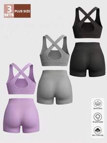Velisys Velisys Women's Plus Size Solid Color Cropped Top And High Waist Shorts Casual Daily Sports Set - Multicolor - View 6