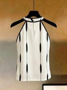SHEIN Franclia 女士春夏新款无袖背心，白色圆领撞色滚边，优雅浪漫休闲百搭，时尚街头风，通勤日常居家浪漫约会皆宜。 - 白色 - 查看 4