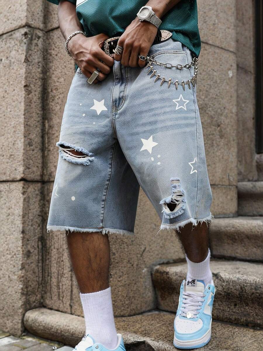 Manfinity EMRG Men's Young Street Style Light Blue Star Print Distressed Raw Hem Denim Shorts - Light Wash - View 1