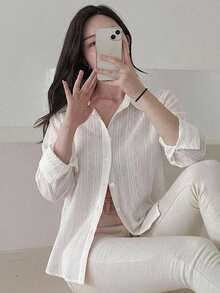 DAZY 女款寬鬆素色單排扣休閒襯衫 - 白色 - 查看 7