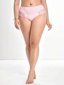 Slumbrini 1pc Plus Size Women's Lace Patchwork Underwear - Pink - View 10