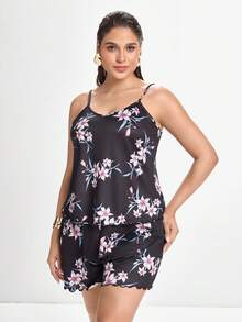 Slumbrini Plus Size Floral Print Cami Top & Shorts Pajama Set - Black - View 6