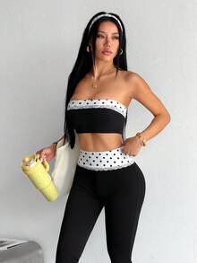 Dewbera Dewbera 2026 Spring/Summer New Women's Slim Fit Sports Outdoor Set, Color-Block Polka Dot Lace Trim Sweet Yoga Workout Outfit - Black and White - View 4