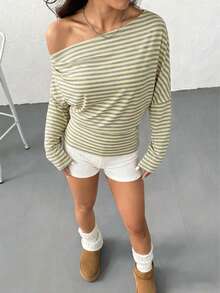 SHEIN EZwear 女款黃灰色條紋針織不對稱肩薄款運動衫，適合初秋，百搭 - 彩色 - 查看 4