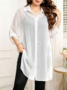 Reflora Áo sơ mi size lớn đơn sắc cài nút đơn, phong cách đơn giản dễ phối đồ - trắng - Xem 7