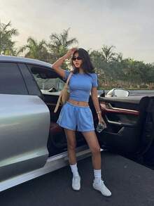Muchica Conjunto de ropa de estar azul claro de punto ajustado para mujer - Celeste - Ver 4