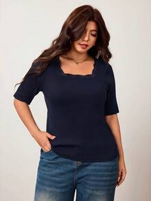 Enliva Kaos Wanita Ukuran Besar, Elastisitas Tinggi, Potongan Slim Fit, Lengan Pendek, Leher Persegi, Ramah Kulit, Gaya Musim Semi/Panas, Detail Renda di Garis Leher - Navy Blue - View 7